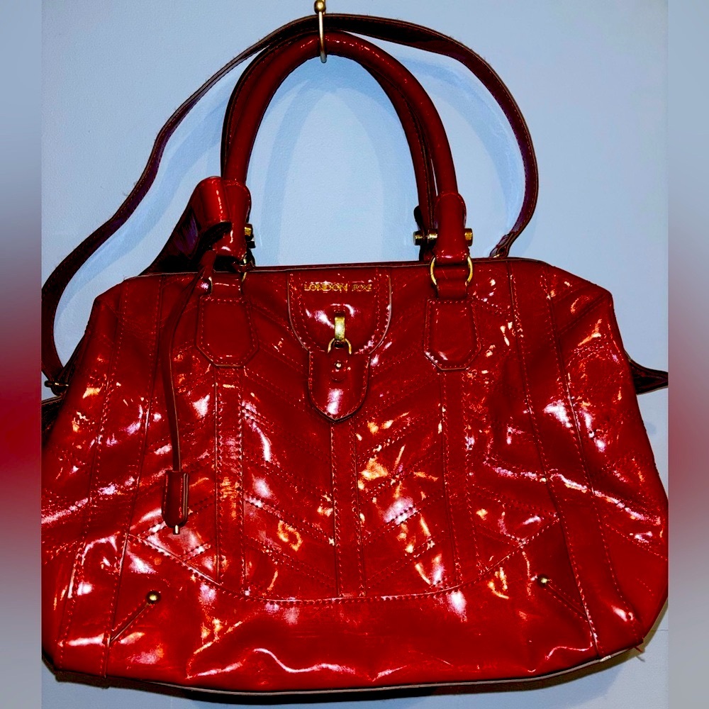 London Fog Red Satchel Bag with Glossy Finish